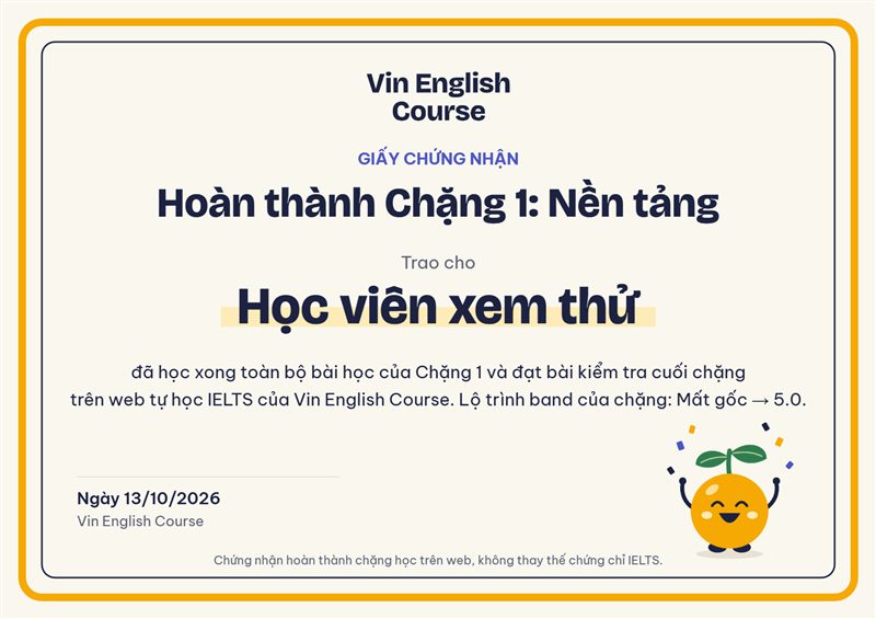 Giấy chứng nhận hoàn thành chặng trên web tự học IELTS
